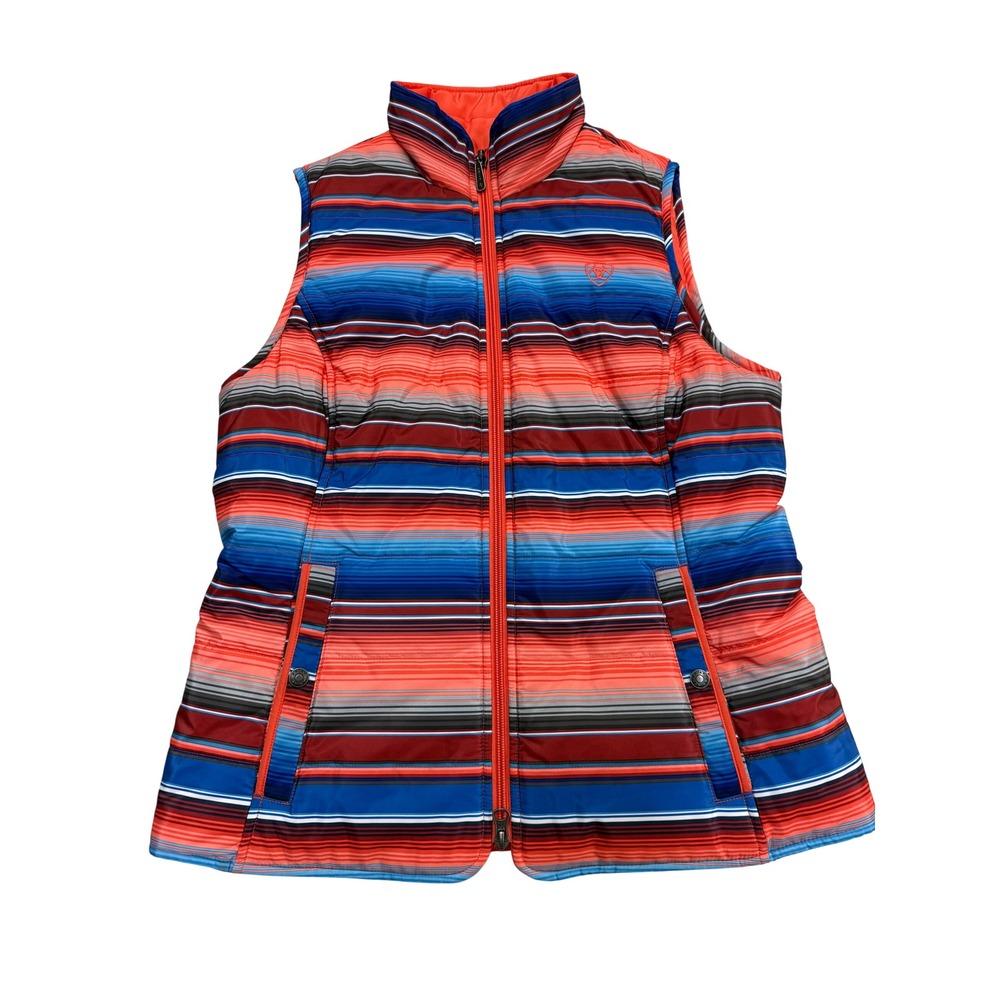Ariat Reversible Puffer Vest Womens Medium Serape Stripe Orange Quilted Full Zip